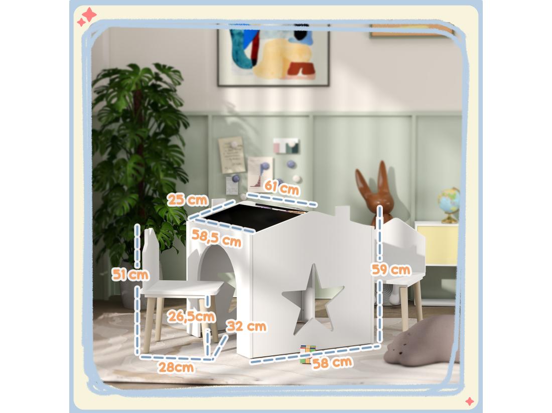 vente unique Ensemble 1 table et 2 chaises enfants avec plateau de tableau noir pieds en pin pour 3-8 ans blanc