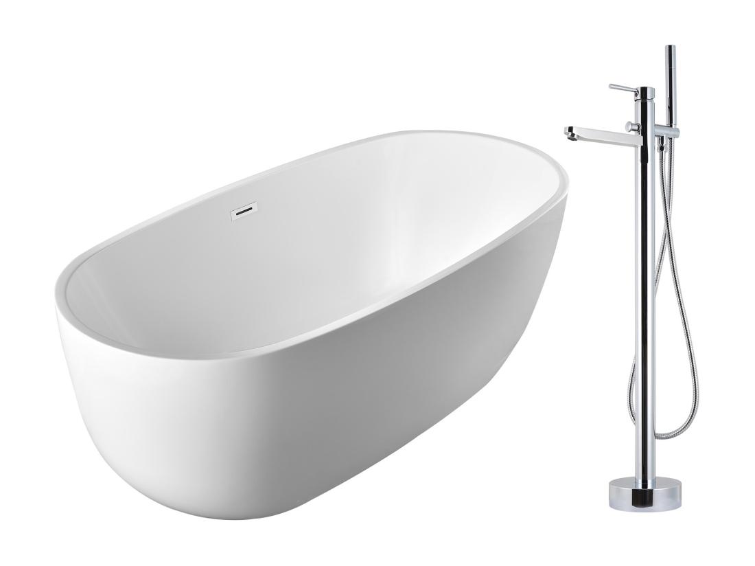 Vente Unique Ensemble Baignoire îlot Blanche NICA + Robinet Mitigeur Sur Pied HARU