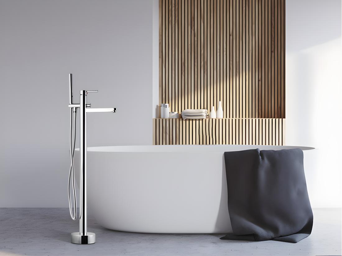 Vente Unique Ensemble Baignoire îlot Blanche TWIGGY + Robinet Mitigeur Sur Pied HARU