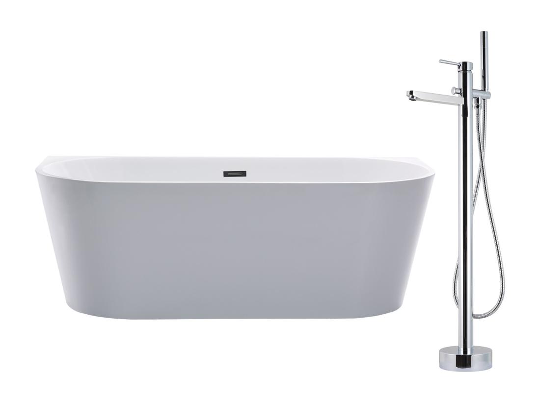 Vente Unique Ensemble Baignoire Semi îlot Blanche 245L + Robinet Mitigeur Sur Pied DIVINA