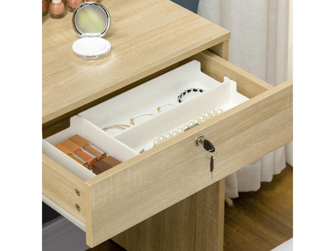 Vente Unique Ensemble Coiffeuse Tabouret Design Contemporain Multi-rangement 4 Tiroirs 4 étagères Grand Miroir Aspect Chêne Clair Blanc