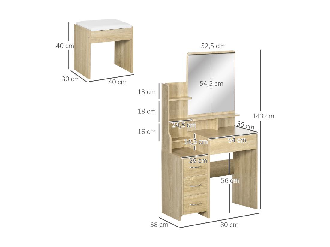 Vente Unique Ensemble Coiffeuse Tabouret Design Contemporain Multi-rangement 4 Tiroirs 4 étagères Grand Miroir Aspect Chêne Clair Blanc