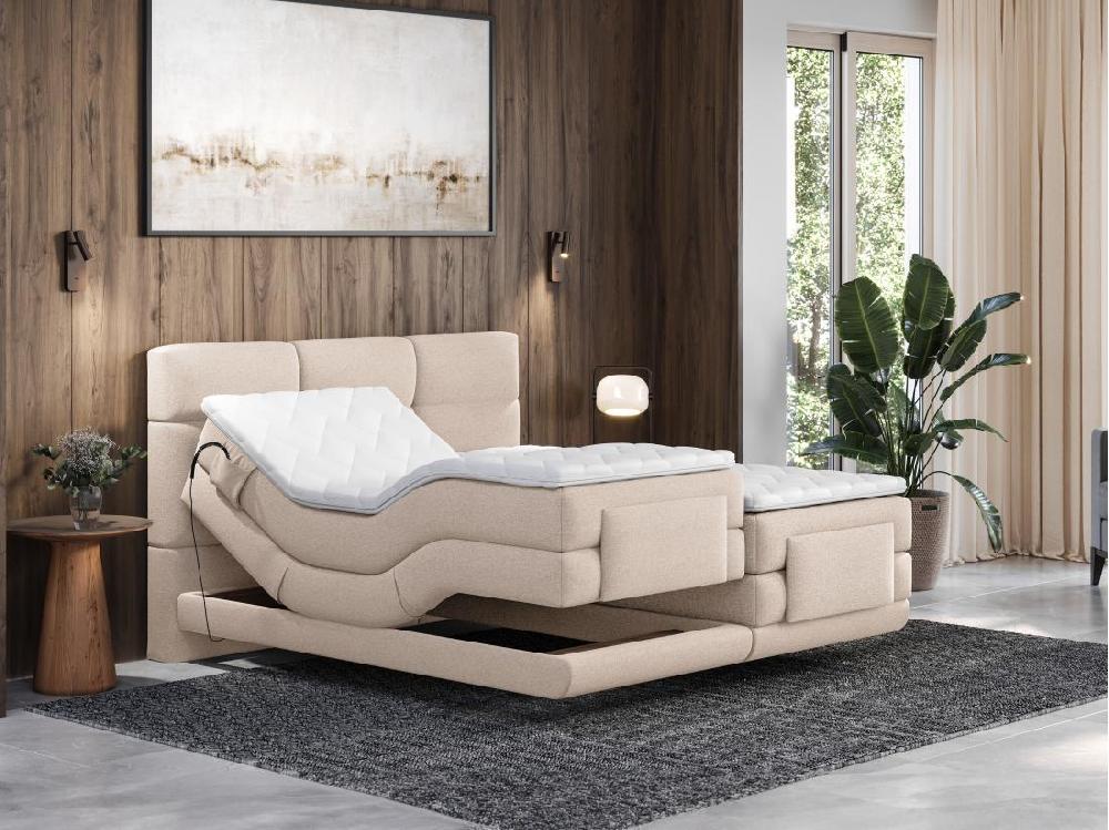 Vente Unique Ensemble Complet Boxspring Tête De Lit Capitonnée + Sommiers Relaxation électrique + Matelas + Surmatelas - 2 X 80 X 200 Cm - Tissu - Beige - LODI De PALACIO
