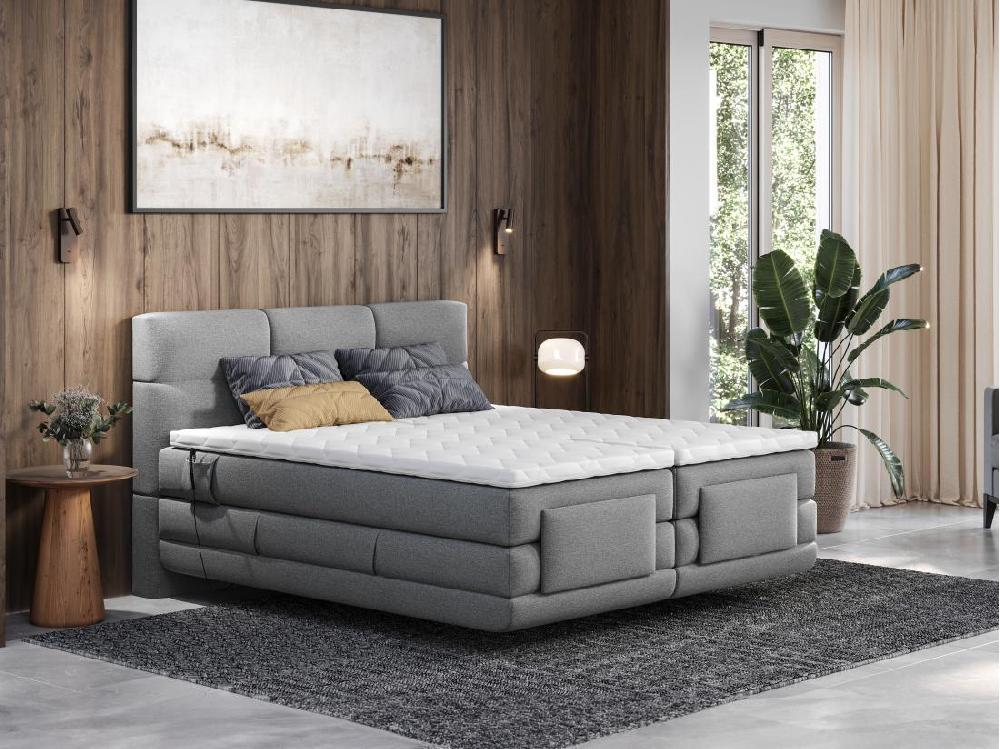 vente unique Ensemble complet boxspring tête de lit capitonnée + sommiers relaxation électrique + matelas + surmatelas - 2 x 90 x 200 cm - Tissu - Gris clair - LODI de PALACIO