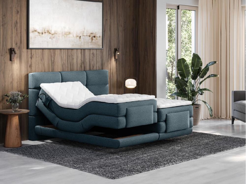 Vente Unique Ensemble Complet Boxspring Tête De Lit Capitonnée + Sommiers Relaxation électrique + Matelas + Surmatelas - 2 X 90 X 200 Cm - Tissu - Bleu - LODI De PALACIO