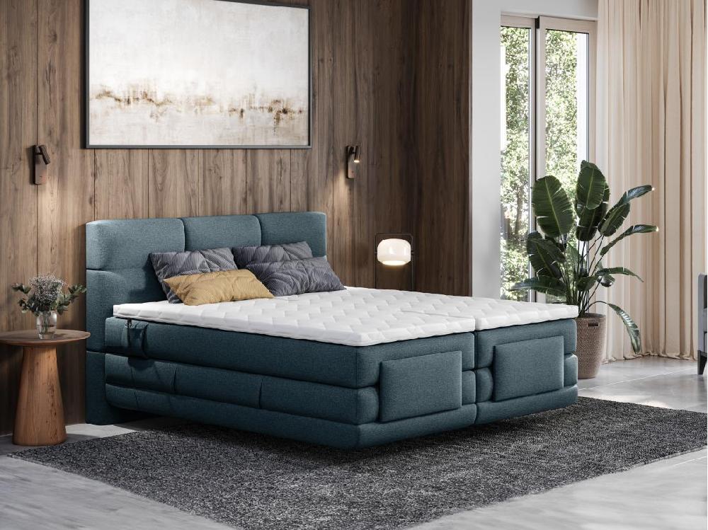 vente unique Ensemble complet boxspring tête de lit capitonnée + sommiers relaxation électrique + matelas + surmatelas - 2 x 90 x 200 cm - Tissu - Bleu - LODI de PALACIO