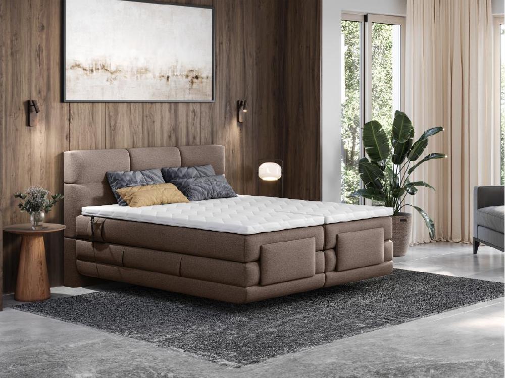 vente unique Ensemble complet boxspring tête de lit capitonnée + sommiers relaxation électrique + matelas + surmatelas - 2 x 90 x 200 cm - Tissu - Marron - LODI de PALACIO