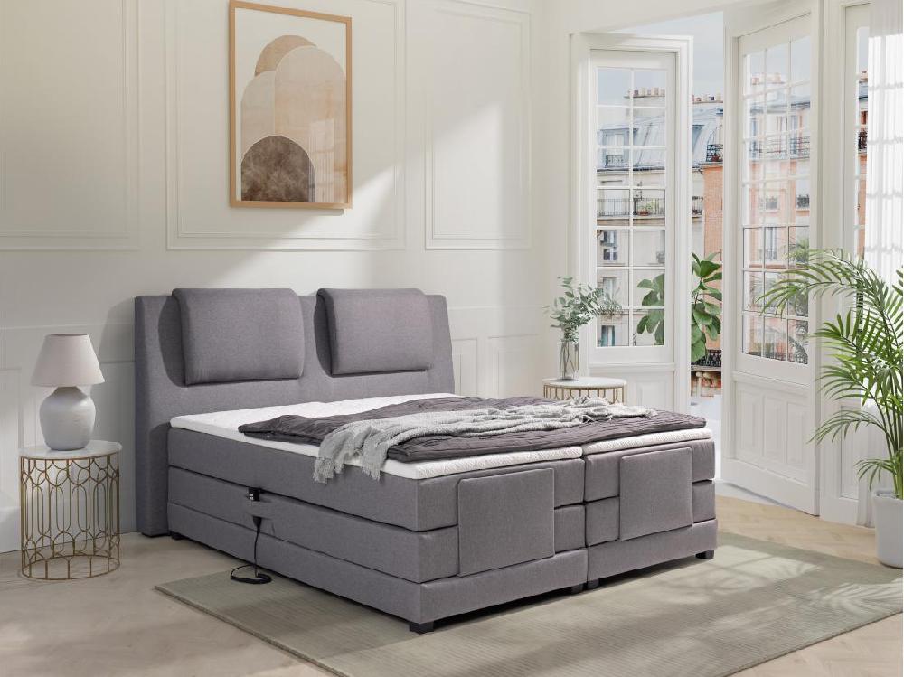 Vente Unique Ensemble Complet Boxspring Tête De Lit + Sommiers Relaxation électrique + Matelas + Surmatelas - 2 X 80 X 200 Cm - Tissu - Gris Clair - CASTEL II De PALACIO