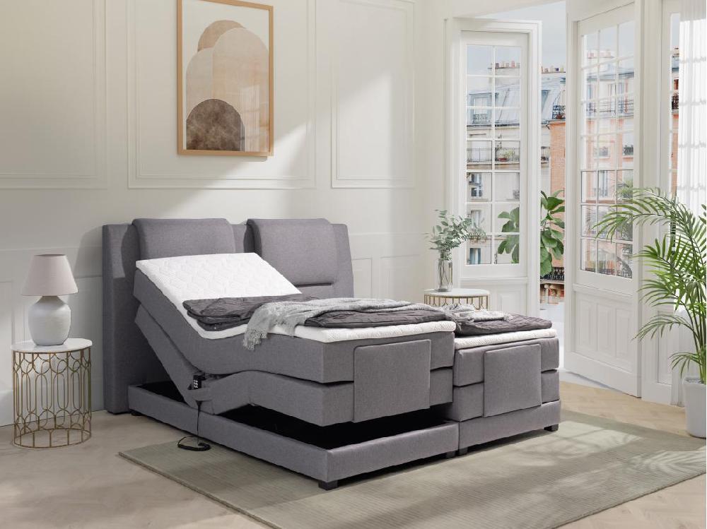 vente unique Ensemble complet boxspring tête de lit + sommiers relaxation électrique + matelas + surmatelas - 2 x 90 x 200 cm - Tissu - Gris clair - CASTEL II de PALACIO