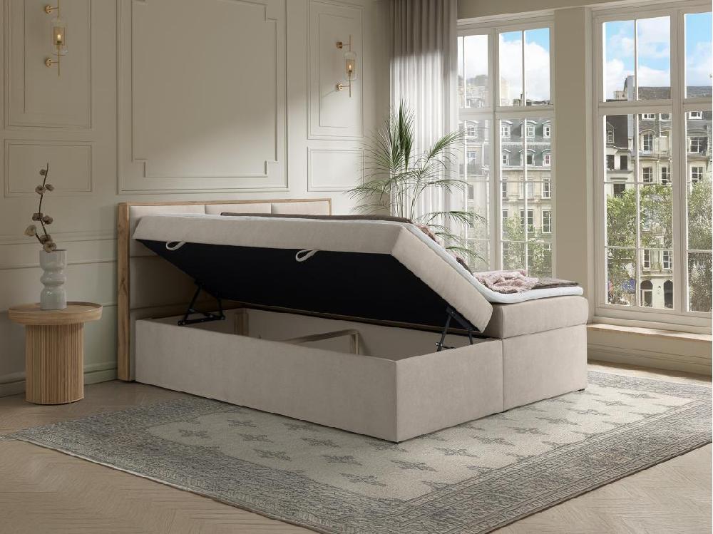 Vente Unique Ensemble Complet Literie Déco Tête De Lit Encadré Bois + Sommiers Coffre + Matelas + Surmatelas - 160 X 200 Cm - Tissu - Beige - SIAKI De YSMÉE