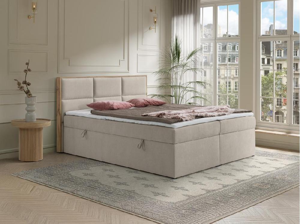 vente unique Ensemble complet literie déco tête de lit encadré bois + sommiers coffre + matelas + surmatelas - 160 x 200 cm - Tissu - Beige - SIAKI de YSMÉE