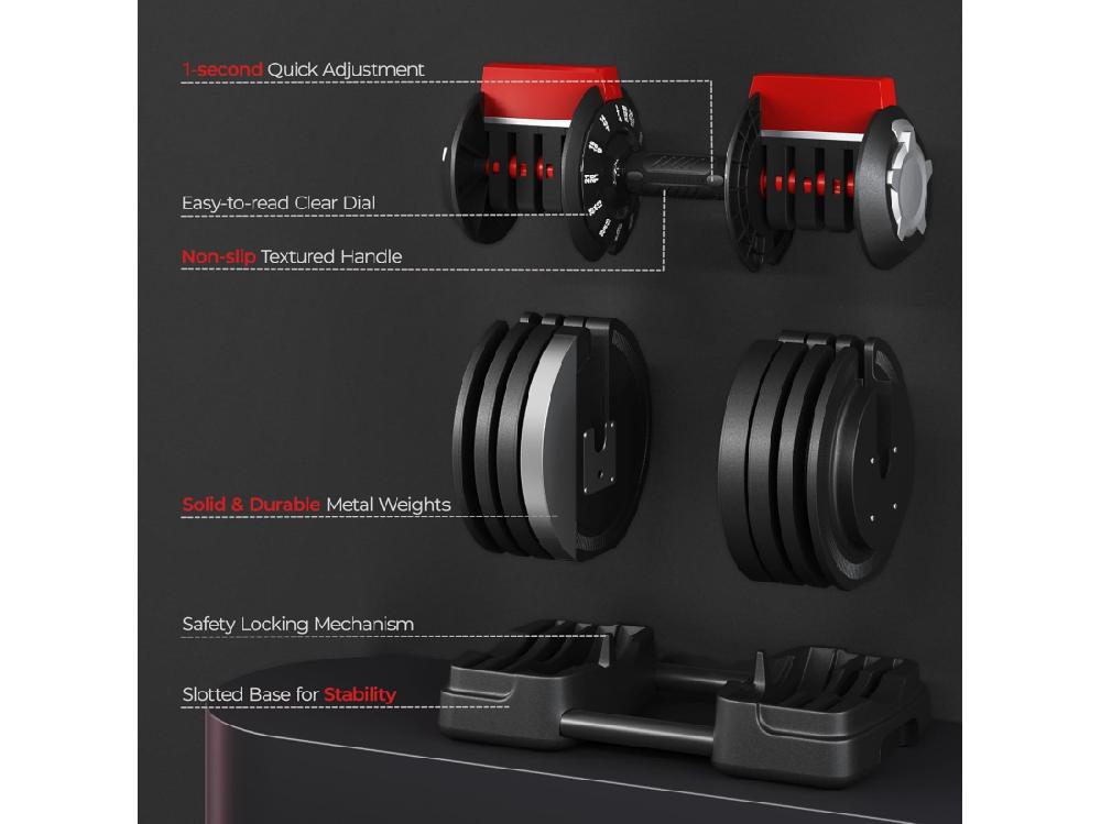 Vente Unique Ensemble D'haltères Courtes Ou Longues 3 En 1 Haltère Réglable 24kg Avec Serrure De Sécurité Entraînement Musculaire Et Haltérophilie
