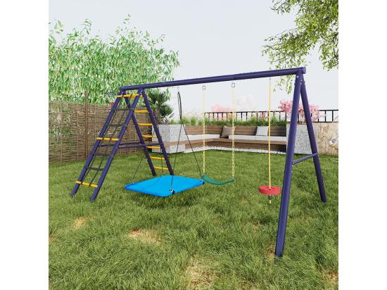 Vente Unique Ensemble De Balançoires Jardin 3 Balançoires + Portique Escalade + Panier Basket Aire De Jeux Extérieur