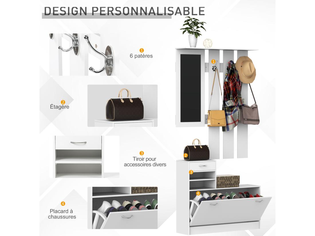 Vente Unique Ensemble De Meubles D'entrée Design Contemporain : Meuble Chaussures Miroir Et Panneau Porte-manteau Panneaux De Particules Blanc