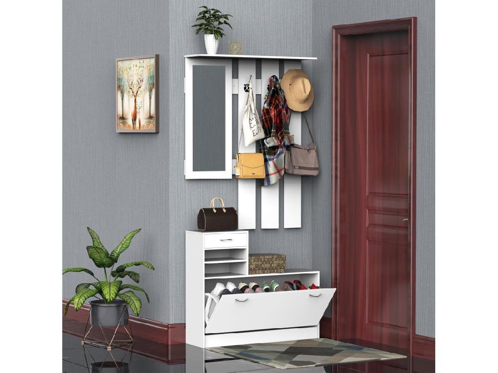 Vente Unique Ensemble De Meubles D'entrée Design Contemporain : Meuble Chaussures Miroir Et Panneau Porte-manteau Panneaux De Particules Blanc
