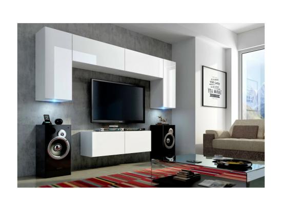 Vente Unique Ensemble De Meubles De Salon Blanc Suspendus Collection CEPTO II 256cm 6 Portes 4 étagères Leds Modulables
