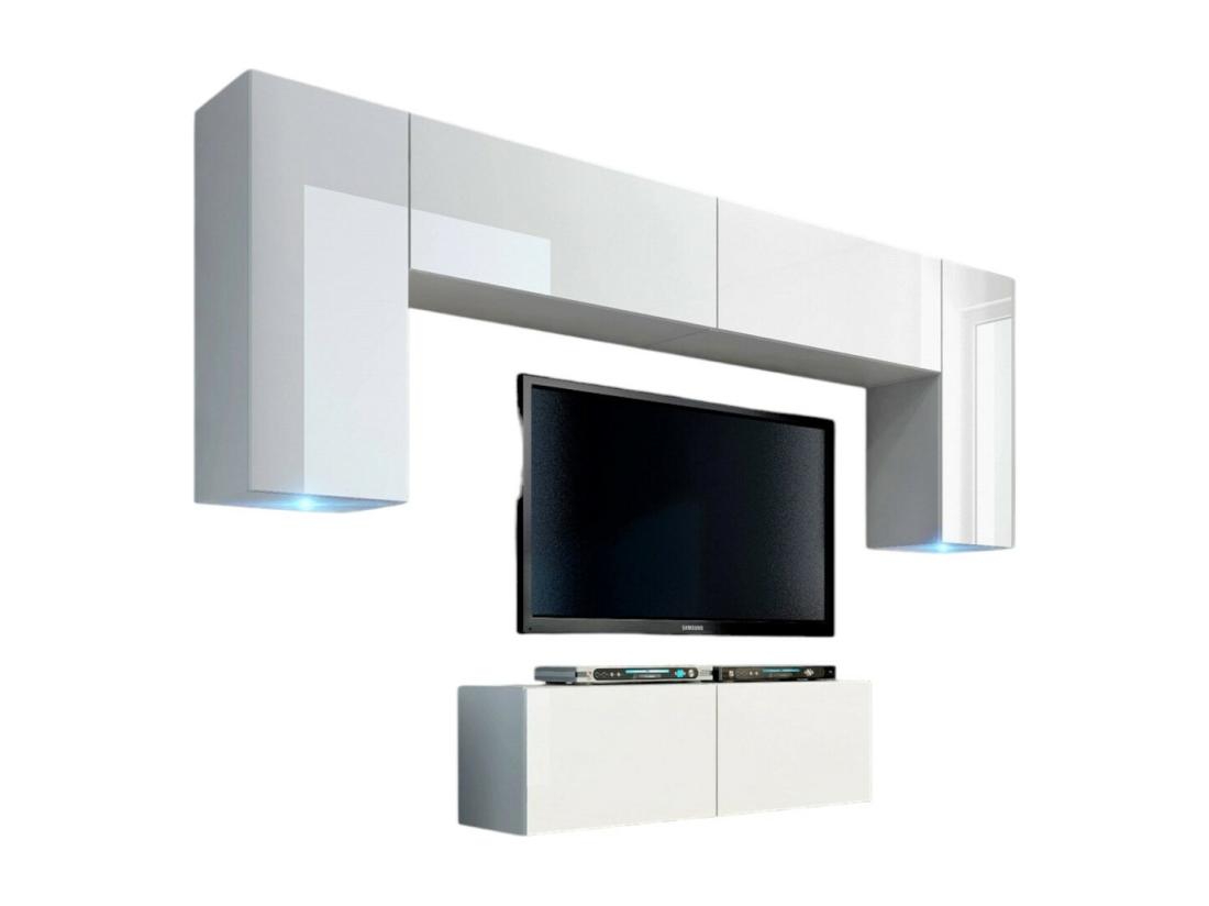 vente unique Ensemble de meubles de salon blanc suspendus collection CEPTO II 256cm 6 portes 4 étagères leds modulables
