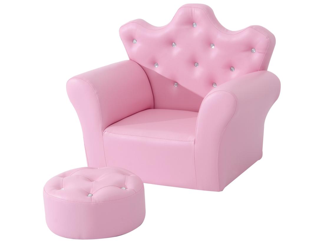 Vente Unique Ensemble Fauteuil Et Pouf Enfant Design Couronne De Princesse - Dossier Et Assise Pouf Avec Boutons Strass Aspect Cristaux - Structure Bois Revêtement Synthétique PVC Rose