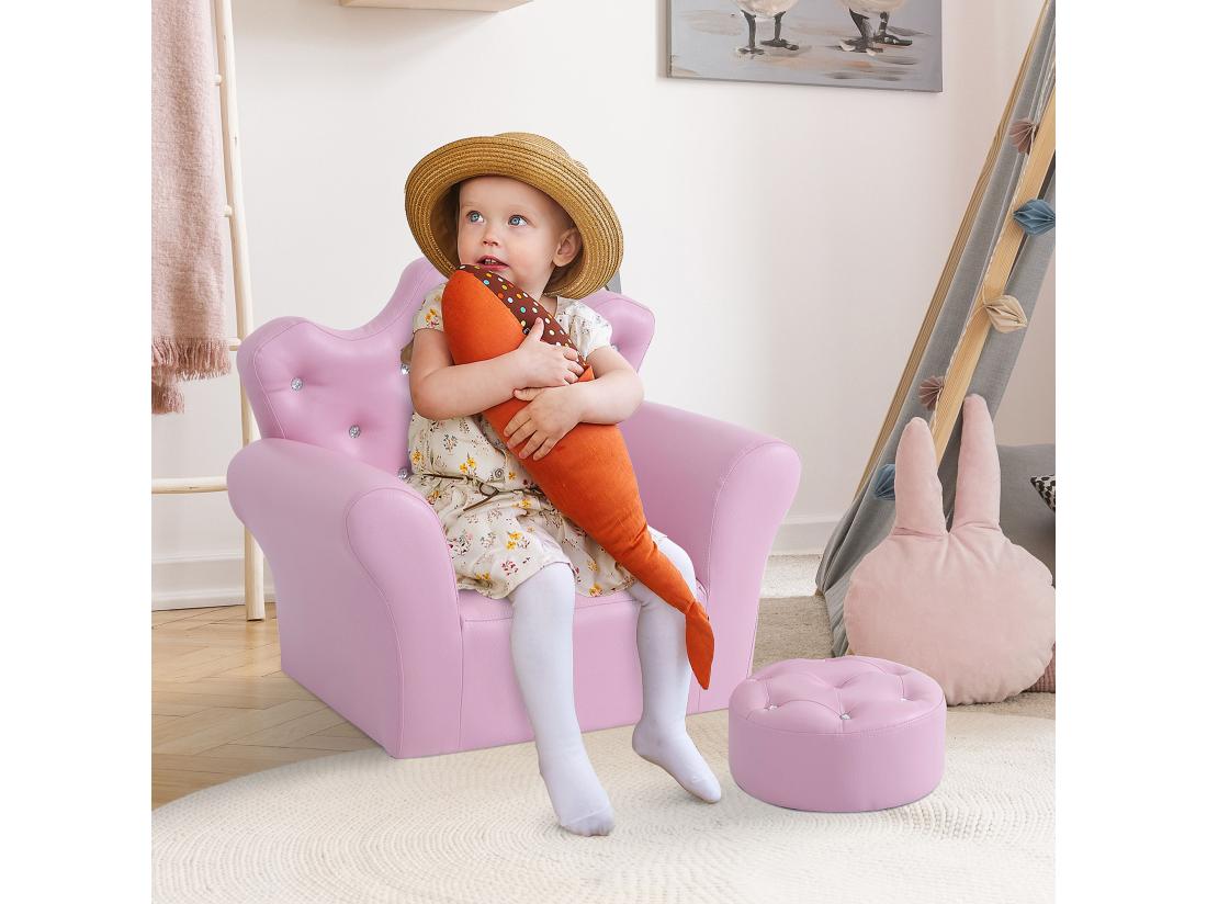 Vente Unique Ensemble Fauteuil Et Pouf Enfant Design Couronne De Princesse - Dossier Et Assise Pouf Avec Boutons Strass Aspect Cristaux - Structure Bois Revêtement Synthétique PVC Rose