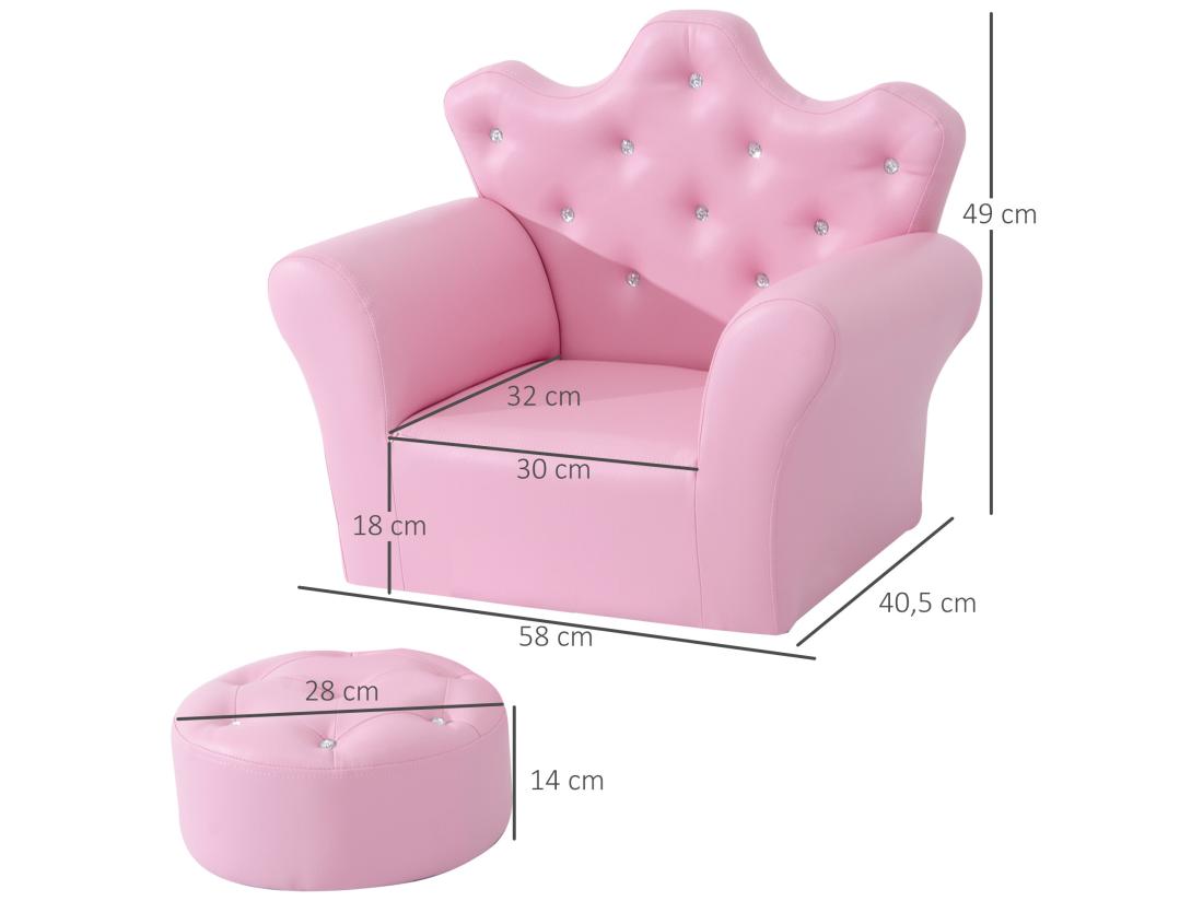Vente Unique Ensemble Fauteuil Et Pouf Enfant Design Couronne De Princesse - Dossier Et Assise Pouf Avec Boutons Strass Aspect Cristaux - Structure Bois Revêtement Synthétique PVC Rose