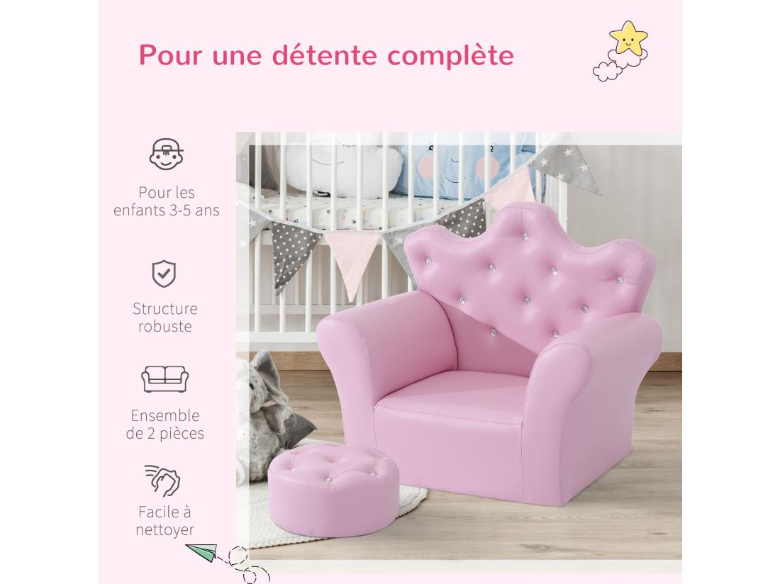 vente unique Ensemble fauteuil et pouf enfant design couronne de princesse - dossier et assise pouf avec boutons strass aspect cristaux - structure bois revêtement synthétique PVC rose