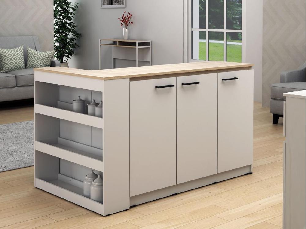 Vente Unique Ensemble îlot Central De Cuisine + 2 Tabourets - Blanc Et Naturel Clair - NUSICE