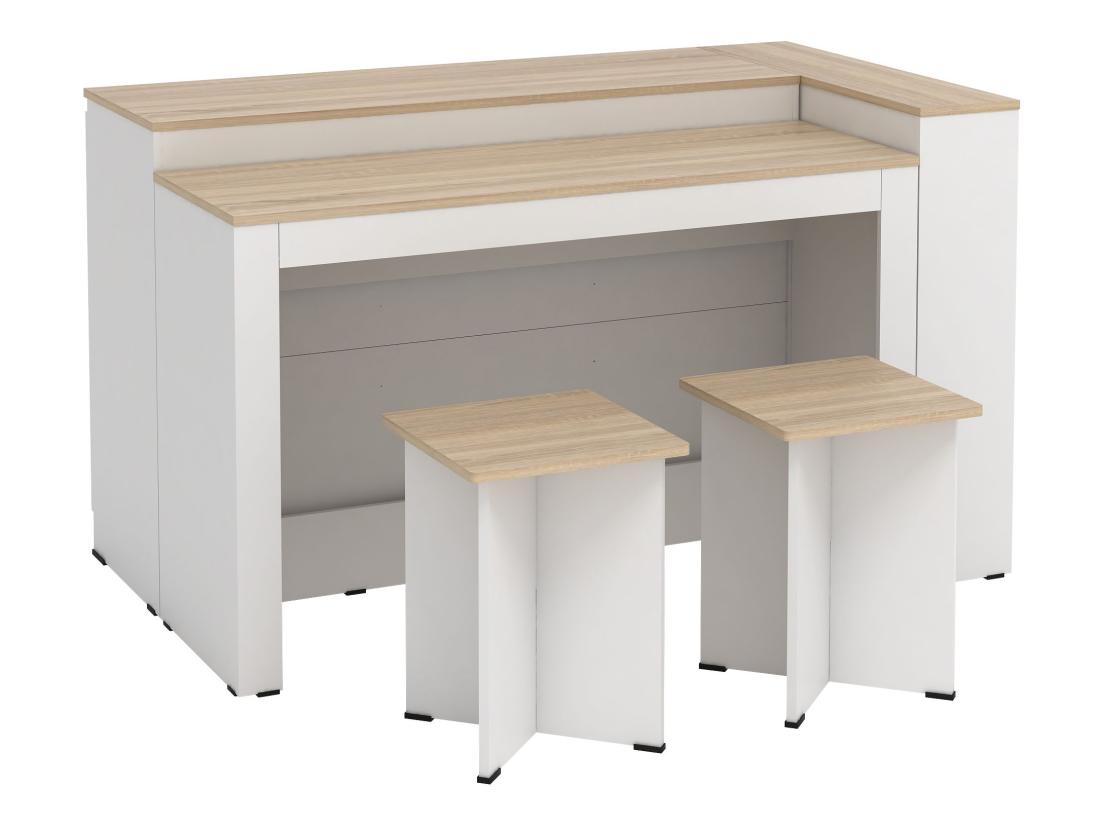 Vente Unique Ensemble îlot Central De Cuisine + 2 Tabourets - Blanc Et Naturel Clair - NUSICE