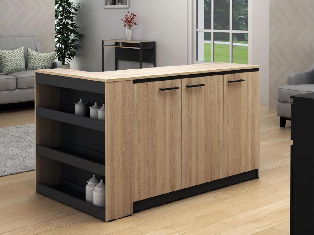 Vente Unique Ensemble îlot Central De Cuisine + 2 Tabourets - Noir Et Naturel Clair - NUSICE