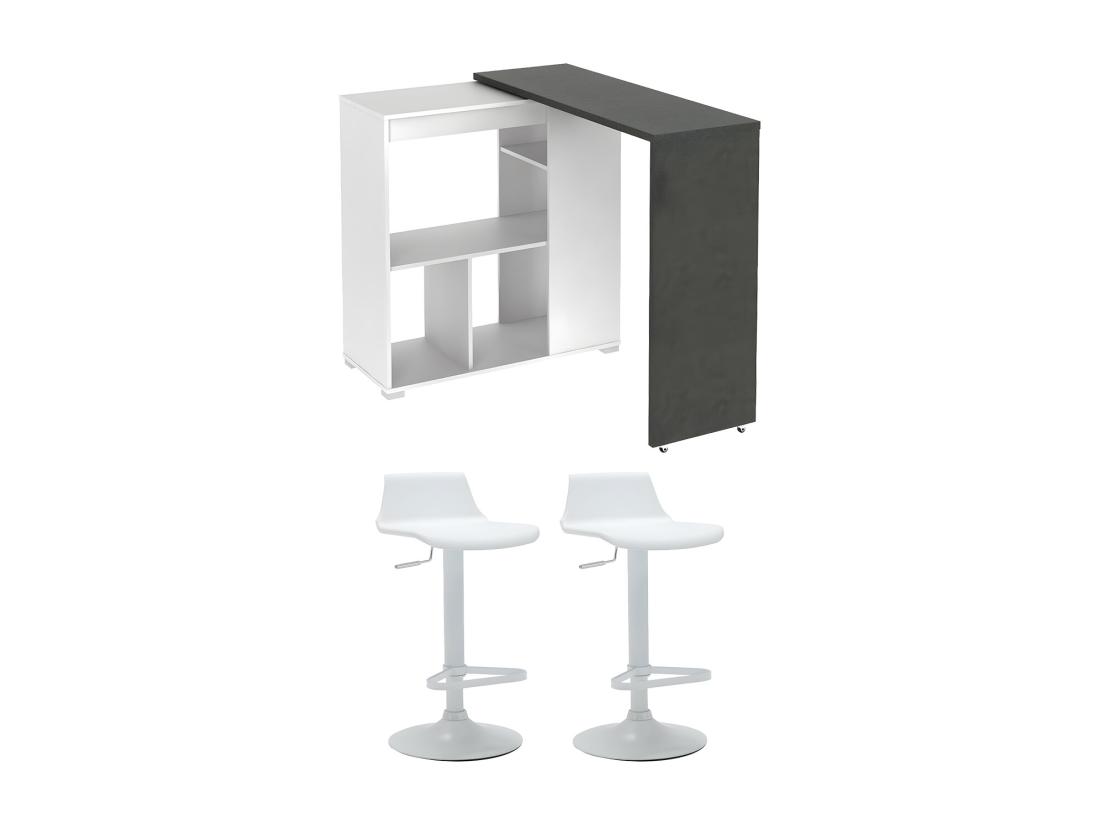 vente unique Ensemble "Mange debout" : Meuble de bar SATURNE + 2 tabourets de bar CALAS - Blanc et béton