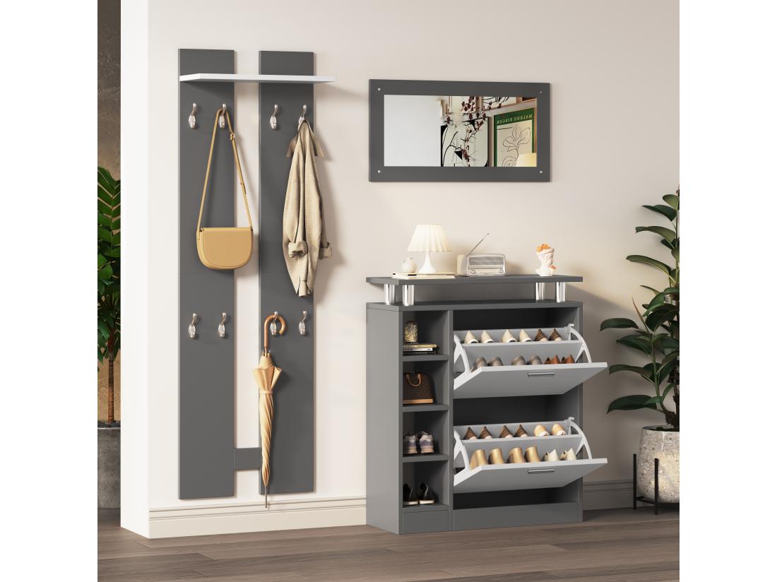 Vente Unique Ensemble Meuble D'entrée - 1 Miroir + 2 Panneaux Muraux + 1 Meuble à Chaussures - Gris