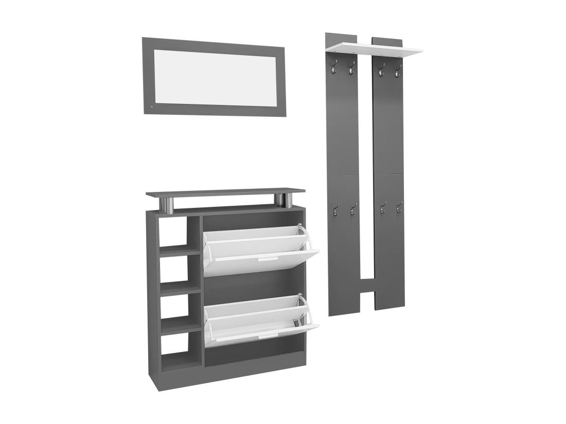 Vente Unique Ensemble Meuble D'entrée - 1 Miroir + 2 Panneaux Muraux + 1 Meuble à Chaussures - Gris