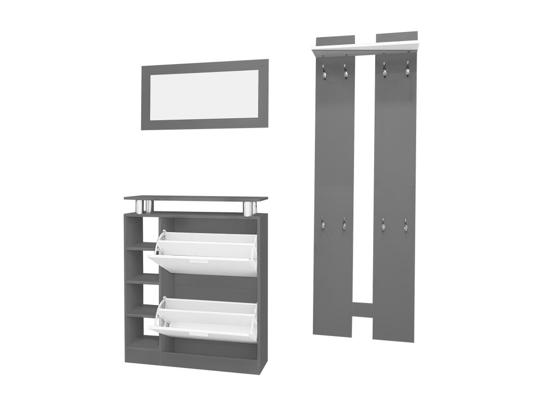 Vente Unique Ensemble Meuble D'entrée - 1 Miroir + 2 Panneaux Muraux + 1 Meuble à Chaussures - Gris