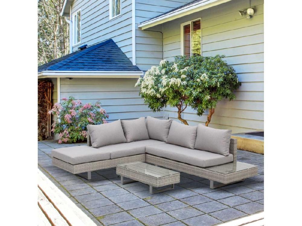 Vente Unique Ensemble Salon De Jardin D'angle 5 Places Design Contemporain Coussins Déhoussables Table Basse Acier époxy Résine Tressée Grise