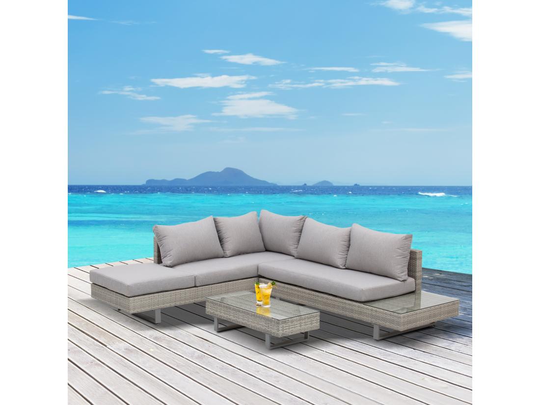 Vente Unique Ensemble Salon De Jardin D'angle 5 Places Design Contemporain Coussins Déhoussables Table Basse Acier époxy Résine Tressée Grise