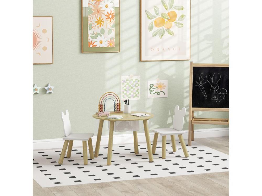 Vente Unique Ensemble Table Chaises Enfant Design Ourson Scandinave - Rangement Table Intégré - Aspect Bois Blanc