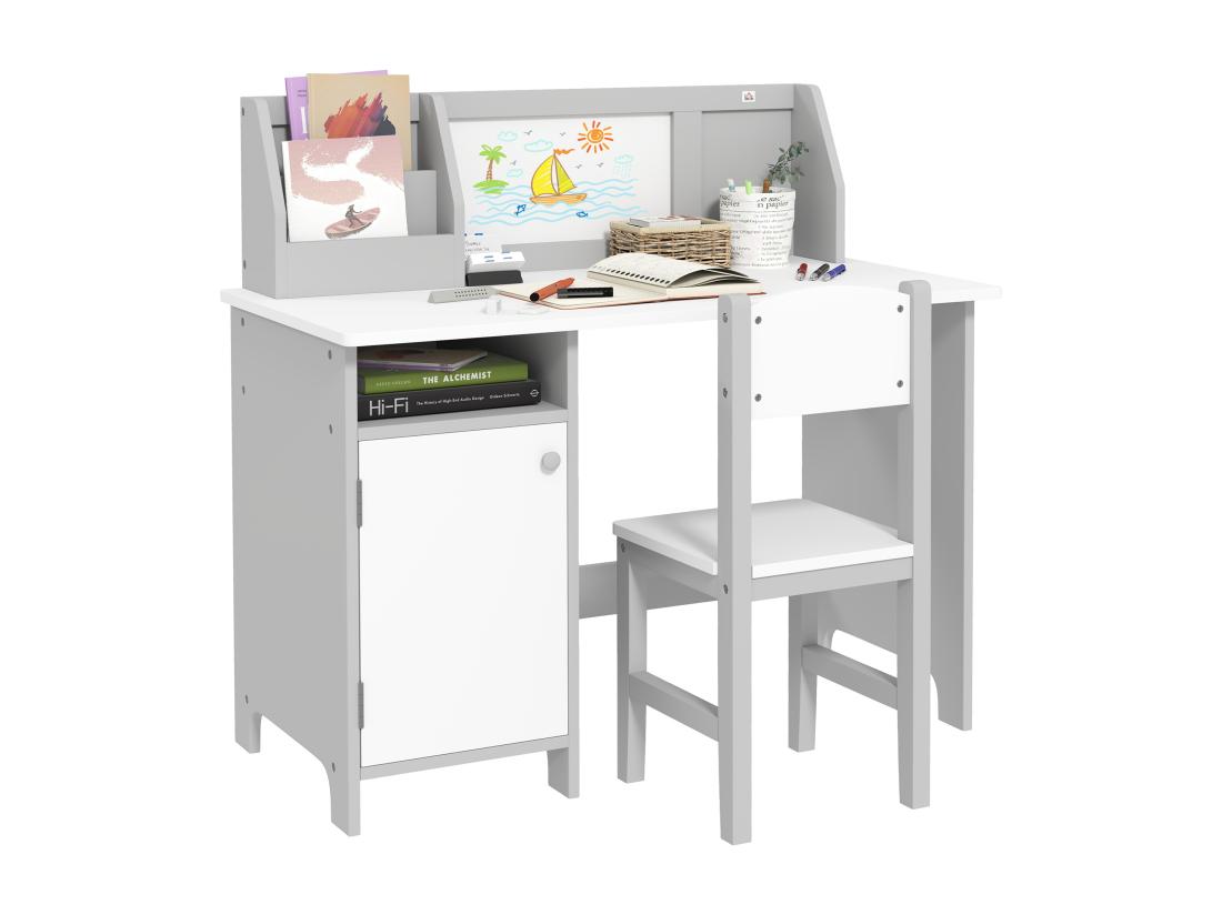 Vente Unique Ensemble Table Et Chaise Pour Enfant Gris Avec Tableau Blanc - Bureau Pour Enfant +5 Ans - 90L X 45l X 85H Cm