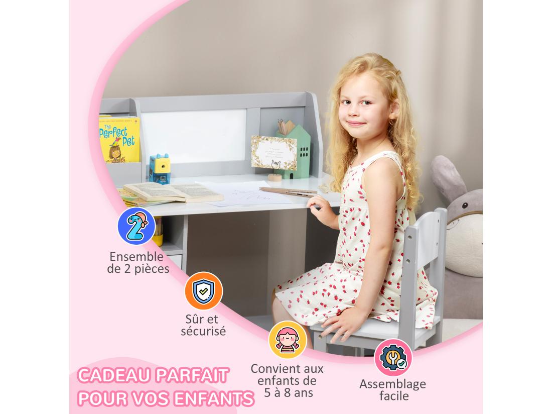 vente unique Ensemble table et chaise pour enfant gris avec tableau blanc - bureau pour enfant +5 ans - 90L x 45l x 85H cm