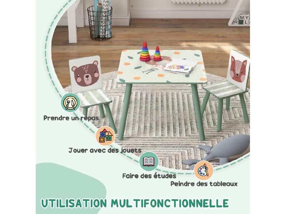 Vente Unique Ensemble Table Et Chaises Enfant Design Animaux De La Forêt - Table Carrée + 2 Chaises - Bois Pin MDF Vert