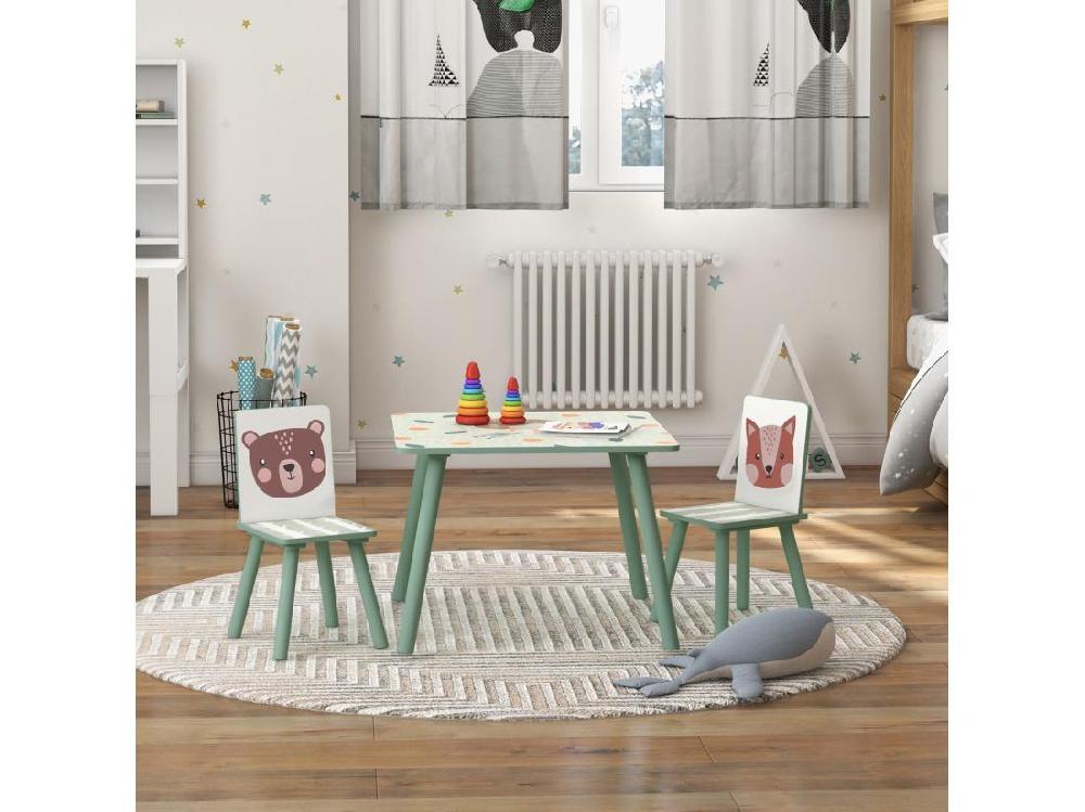 Vente Unique Ensemble Table Et Chaises Enfant Design Animaux De La Forêt - Table Carrée + 2 Chaises - Bois Pin MDF Vert