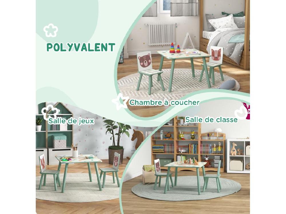 Vente Unique Ensemble Table Et Chaises Enfant Design Animaux De La Forêt - Table Carrée + 2 Chaises - Bois Pin MDF Vert