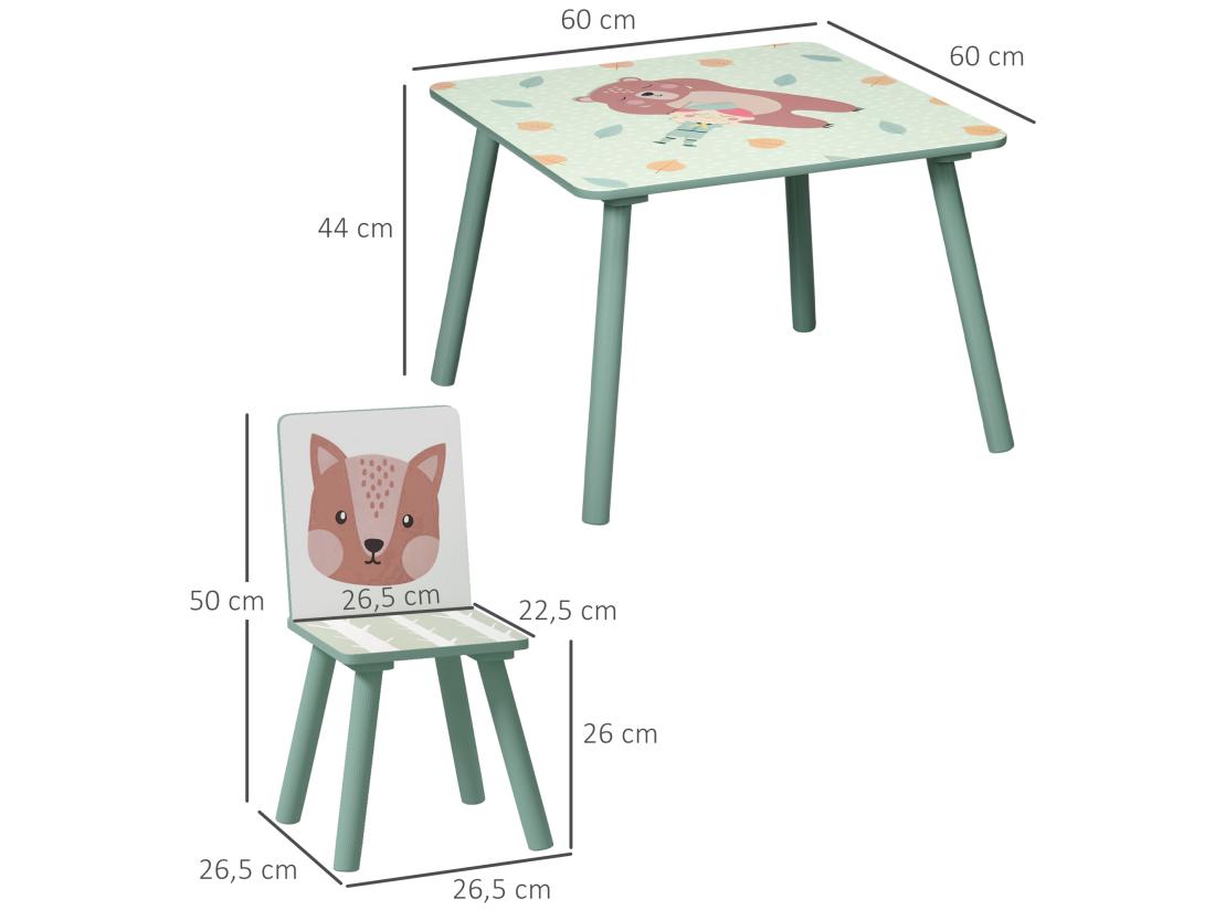 vente unique Ensemble table et chaises enfant design animaux de la forêt - table carrée + 2 chaises - bois pin MDF vert