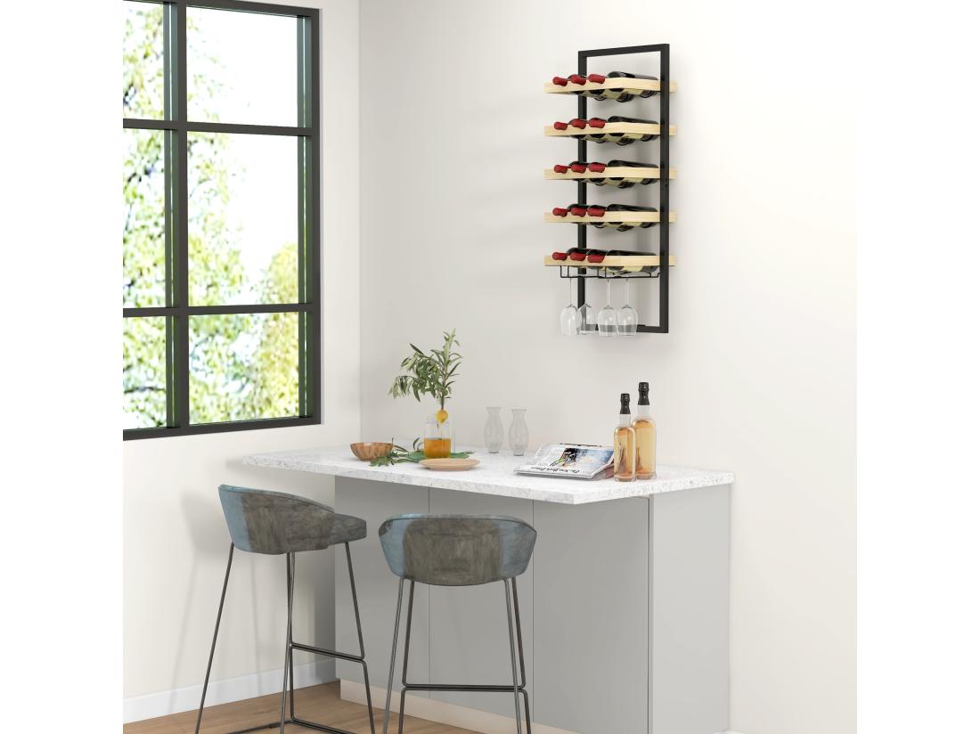 vente unique Étagère à bouteille casier à bouteille mur 5 niveaux pour 15 bouteilles 4 verres pour bar à domicile cuisine salon 35l x 25P x 86H cm bois de pin finition bois naturel