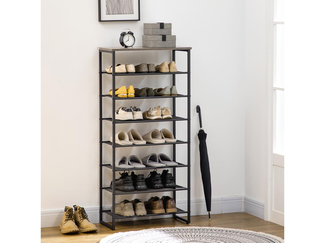 Vente Unique Etagère à Chaussures 7 Niveaux - Rack à Chaussures 7 étagères Et Plateau - Acier Noir Aspect Bois Gris