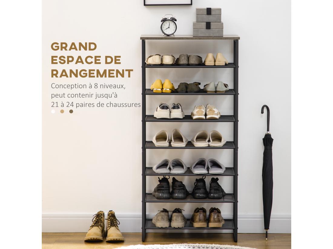 Vente Unique Etagère à Chaussures 7 Niveaux - Rack à Chaussures 7 étagères Et Plateau - Acier Noir Aspect Bois Gris