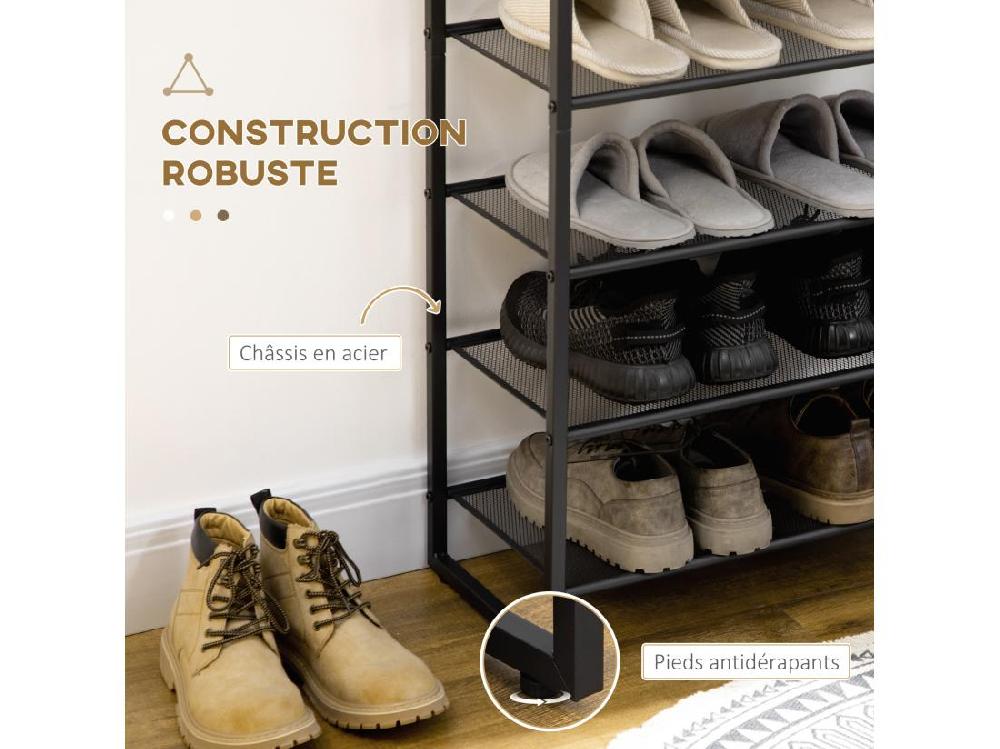 Vente Unique Etagère à Chaussures 7 Niveaux - Rack à Chaussures 7 étagères Et Plateau - Acier Noir Aspect Bois Gris