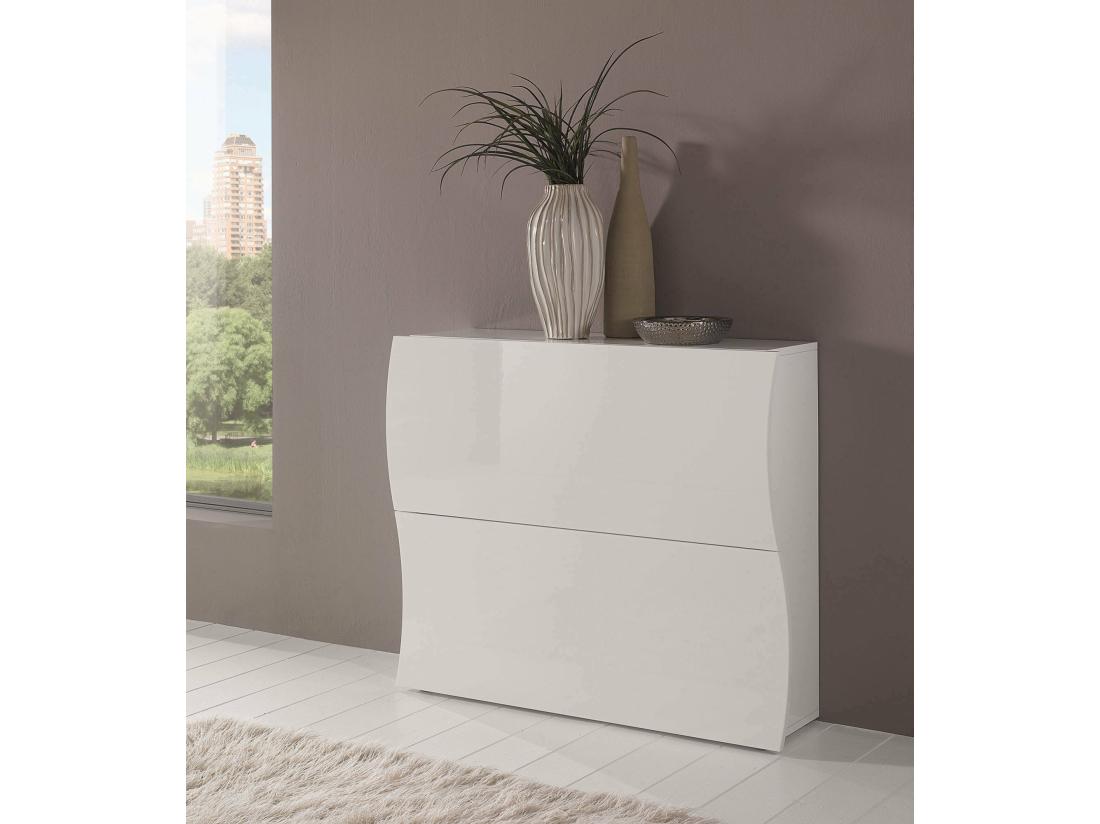 Vente Unique Étagère à Chaussures Dabayom Armoire Polyvalente Avec 2 Portes Pliantes Étagère à Chaussures D'entrée 100% Made In Italy 101x27h82 Cm Blanc Brillant