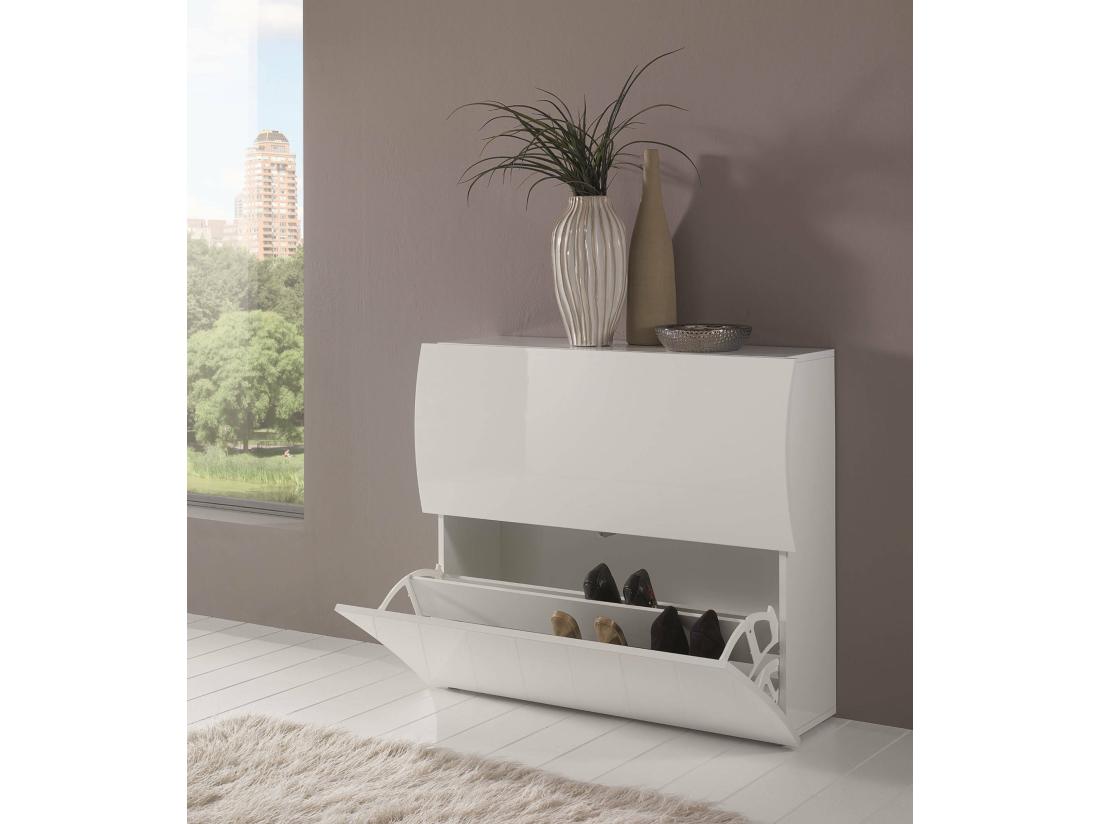 vente unique Étagère à chaussures Dabayom Armoire polyvalente avec 2 portes pliantes Étagère à chaussures d'entrée 100% Made in Italy 101x27h82 cm Blanc brillant