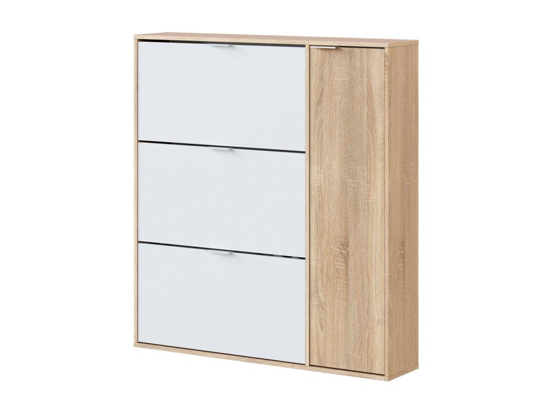 Vente Unique Étagère à Chaussures Dmagnino Armoire à Chaussures 4 Portes Armoire Basse Polyvalente Avec 5 étagères étagère à Chaussures Moderne 106x22h115 Cm Chêne Et Blanc