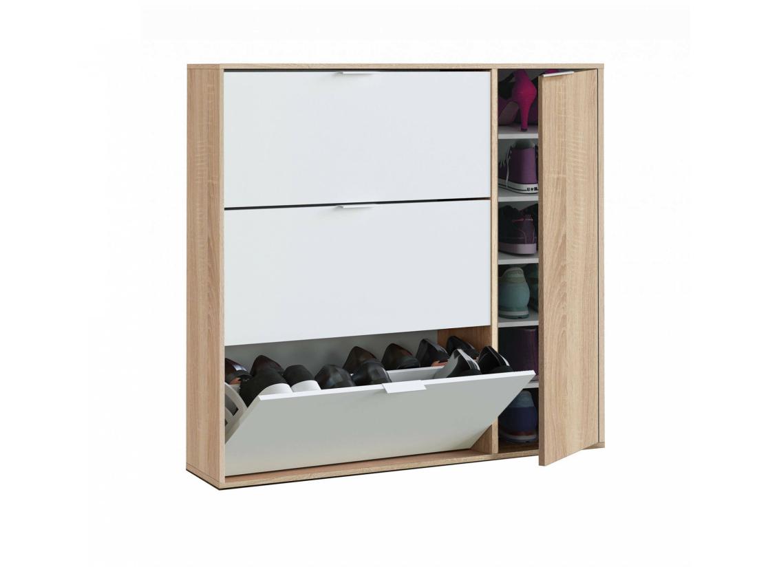 Vente Unique Étagère à Chaussures Dmagnino Armoire à Chaussures 4 Portes Armoire Basse Polyvalente Avec 5 étagères étagère à Chaussures Moderne 106x22h115 Cm Chêne Et Blanc