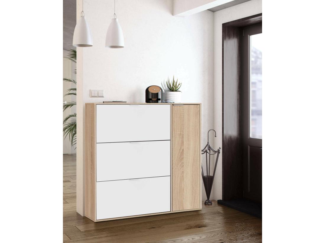 vente unique Étagère à chaussures Dmagnino armoire à chaussures 4 portes armoire basse polyvalente avec 5 étagères étagère à chaussures moderne 106x22h115 cm chêne et blanc